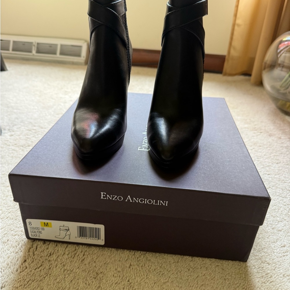 Enzo Angiolini Black Ankle Booties Sleek Leather High Heel